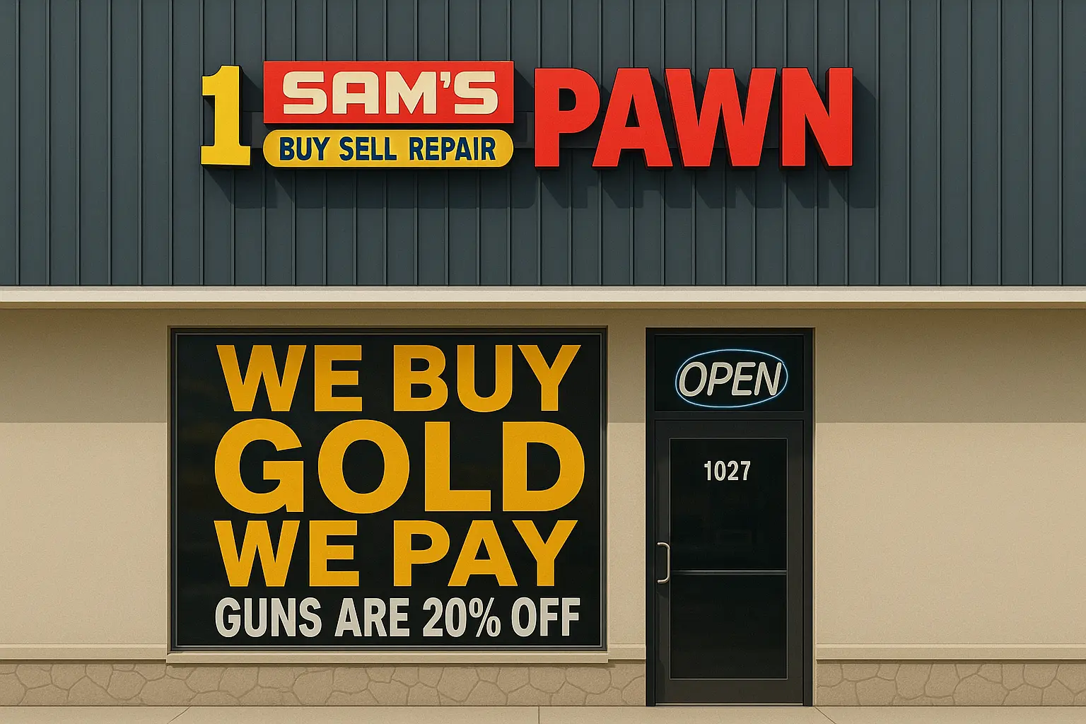 Sam's Pawn Shop storefront with signage and open door